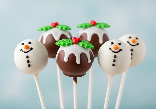 Festive christmas cake pops decorated as cheerful snowmen and traditional puddings on sticks, ready for holiday celebrations