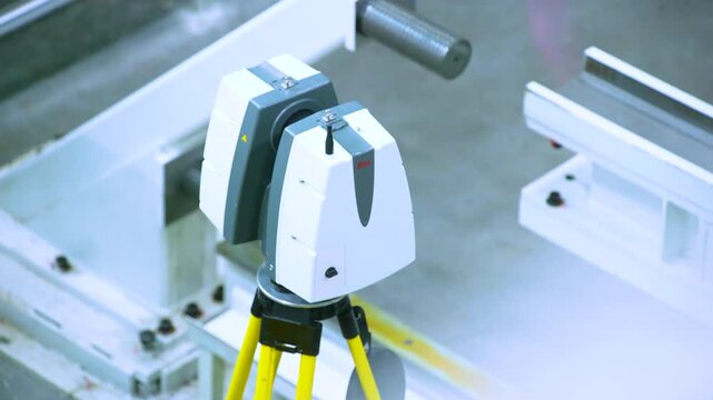 Industrial Worker Operating Surveying Equipment on Factory Production Floor