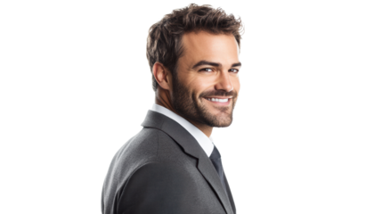 Side-facing businessman smiling in grey suit