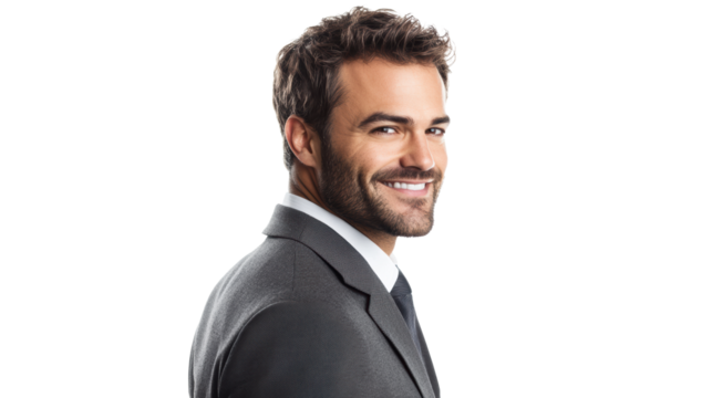 Side-facing businessman smiling in grey suit
