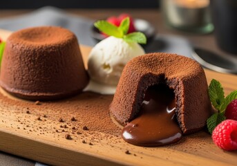 Delicious chocolate lava cake with molten center served with ice cream and raspberries