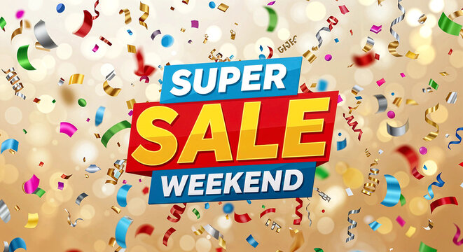 Super Sale Weekend: A Bold Promotional Graphic Featuring Vibrant Typography, Confetti, Streamers, and Sparkling Background to Drive Shopper Excitement