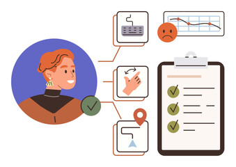 Person analyzing multitasking workflows with icons for keyboard, thumbs-up, map, graph, and checklist. Ideal for productivity, task planning, evaluation, progress tracking teamwork organization