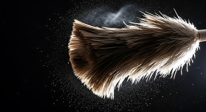 A feather duster in action, with dust particles flying off its bristles against a dark background, capturing the essence of cleaning and tidiness