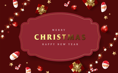 Obraz premium Holiday Christmas banner frame background with festive decoration ornaments, gifts, stars and seasonal elements for celebration, greeting and winter event design