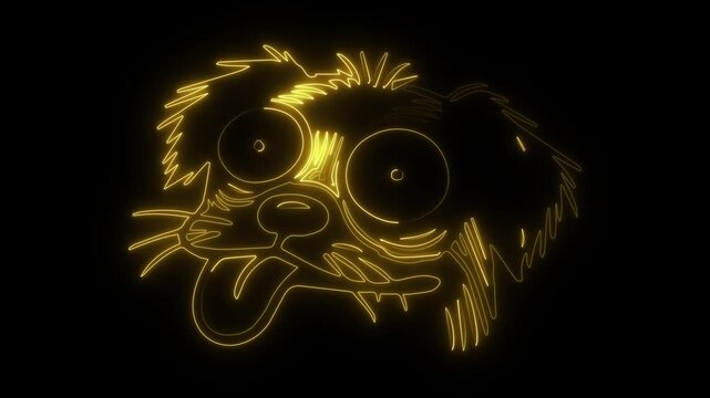 Crazy dog neon art. Funny animal outline. Yellow glowing face. Cartoon pet meme. Wild eyed illustration. Shaggy dog lineart. Tongue out doggy. Black background glow. Digital sketch style. Luminous vec