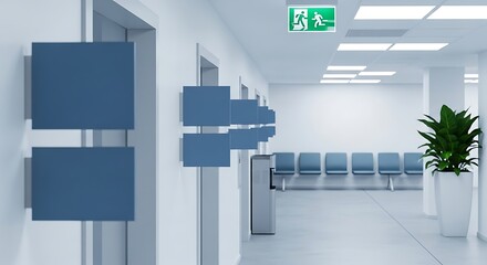Obraz premium Hospital hallway with blue signs, exit sign, waiting area, and plant isolated on white background for wayfinding