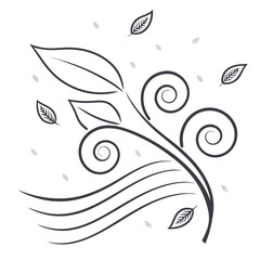Elegant abstract swirling vine with leaves and wind lines in a minimalist dark outline on a white background