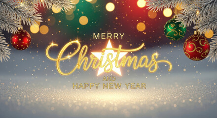 Sparkling merry christmas greeting with festive lights and ornaments