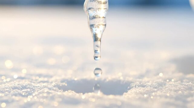 A beautiful macro shot captures a single water drop falling from a melting icicle onto a fresh, sunlit snowy surface during a winter thaw