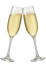 Two champagne flutes toasting in celebration on a transparent background