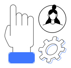 Raised hand suggests selection or interaction, profile avatar symbolizes user identity, gear implies customization or settings. Ideal for teamwork, technology, user interface, settings, strategy