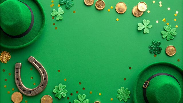 St. Patrick's Day  leprechaun's hats, lucky horseshoe, gold coins, trefoils, confetti, and beads on a vibrant green background - Powered by Adobe
