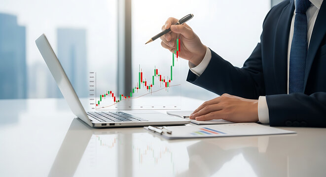 Businessman pointing at rising stock market graph projected from laptop screen showing financial growth and analysis in office setting
