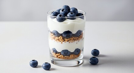 Studio-lit blueberry yogurt parfait in clear glass
