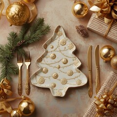 A festive table scene featuring a tree shaped plate, gold cutlery, pine sprigs, a striped gift box, and gold ornaments ready for Christmas