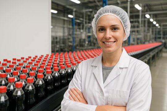 Female worker in white lab coat smiling confidently at beverage bottling plant surrounded by soft drink bottles with red caps on production line. Ai generative