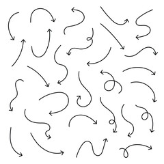 Hand drawn arrows icon set. Sketch curved arrows design. Arrow handmade. Doodle arrows shapes and directions. Pointer and cursor icons . eps 10