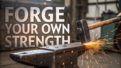 Blacksmith hammering metal on anvil in a workshop setting