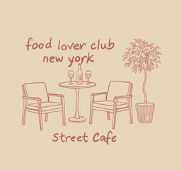 Hand drawn vintage coffee shop with table and chair sketch, poster graphic print, Vintage street cafe illustration