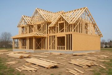 Wooden house under construction with exposed framing and scattered lumber on ground, showcasing building industry concept on clear day outdoors. Ai generative