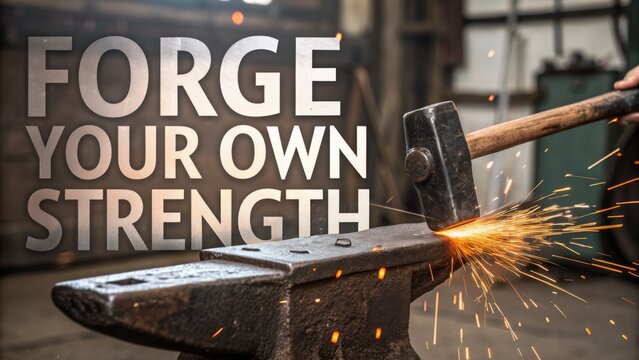 Blacksmith hammering metal on anvil in a workshop setting