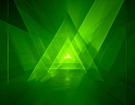 Illuminated green triangles form a perspective tunnel of light