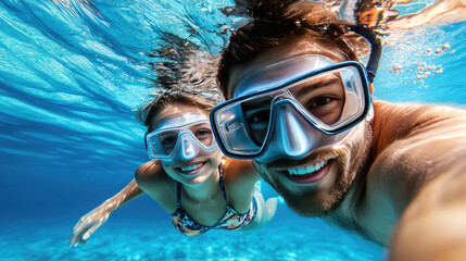 Young couple in snorkeling mask hold hand, dive underwater with fishes in coral reef sea pool.