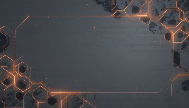 Dark grey abstract technology banner with hexagon carbon fiber grid and glowing orange neon lines
