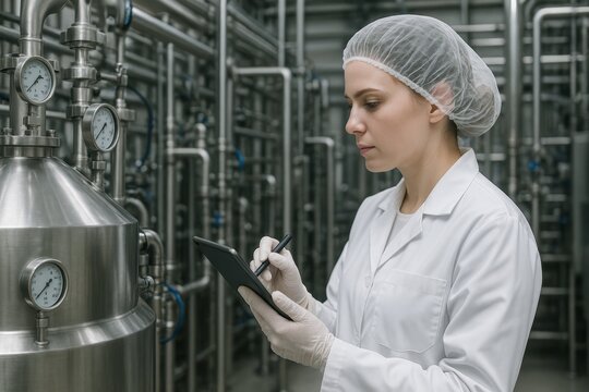 Female technician in white coat and hairnet inspecting equipment and recording data on tablet in modern industrial facility with stainless steel pipes. Ai generative