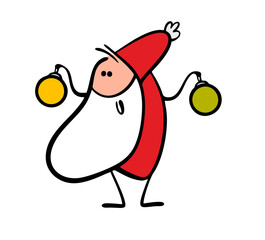 Kind Santa Claus brought Christmas tree toys and decorations for   holiday. Vector illustration of stickman decorating  tree for  new year. Glass colored balls in the hands of a fairy-tale character.