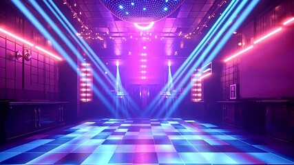 Empty nightclub dance floor with a large disco ball illuminating the scene with vibrant. Colorful flashing lights and spotlights. Creating a lively and energetic atmosphere for a party or celebration - Powered by Adobe