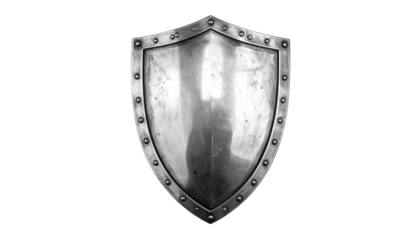A highly polished medieval shield reflects light. Rivets line the border on a black background
