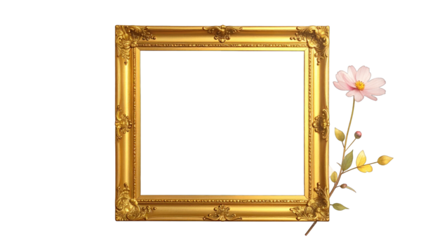 Gilded rectangular frame with floral accent, set against a black background - Powered by Adobe