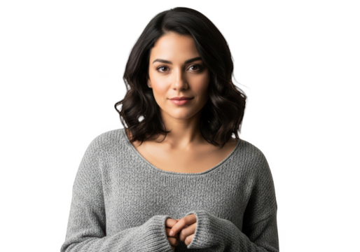 A portrait of a woman with a soft expression, wearing a gray sweater, arm, beautiful, brunette, girl, gray, hair, hand, portrait, pose, stand, sweater, woman - Powered by Adobe