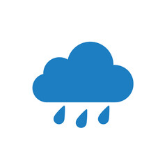 Fototapeta premium Minimalist rainy weather icon featuring a blue cloud with falling raindrops on a white background, symbolizing precipitation and forecast