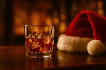 A glass of liquor with ice cubes in it sits on a table