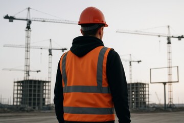 Construction worker in safety vest and hard hat observing building cranes at industrial site during development phase at sunset. Ai generative. Ai generative