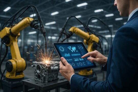 Man controlling robotic arms with a digital tablet in modern factory, sparks flying from machinery, symbolizing smart manufacturing concept in industry 4.0. Ai generative