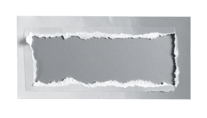 Rectangular frame of torn paper revealing gray background. Simple, minimalist design