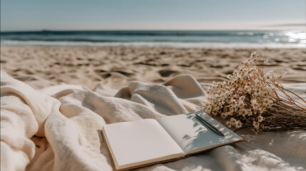 Relaxing-Beach-Rest-Scene-Minimalist-Open-Notebook-Pen-Dried-Flowers-Soft-Blanket-Sand-Background-Tranquil-Sunset-Seaside-Writing-Journal-Concept