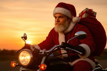 Fototapeta premium A man in a Santa hat is riding a motorcycle