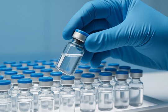 Close-up of gloved hand holding sterile vial among many bottles in pharmaceutical setting on blue background, illustrating healthcare industry concept. Ai generative