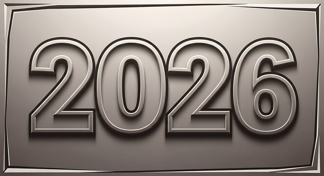 Metallic 3d rendering of the year 2026 embossed on a textured silver plaque with a grunge border for a new year concept - Powered by Adobe