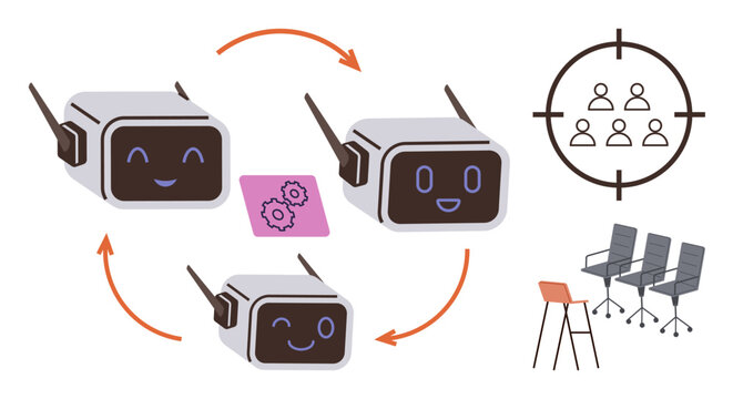Robots in continuous circular motion with gears, teamwork concept, audience targeting, empty office chairs. Ideal for automation, collaboration, innovation, workforce, strategy team building