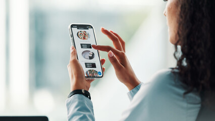 Delivery, fast food and phone screen with hands of woman in office for internet, search or brunch menu choice. Tech, app scroll and online shopping with person for ecommerce, decision or meal order