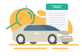 Car vehicle inspection document report icon vector modern graphic illustration design, auto motor engine information history form analysis, transport search investigation assessment