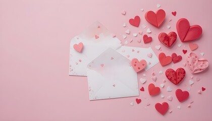 Love letter envelope with paper craft hearts flat lay on pink Valentine background with copy space