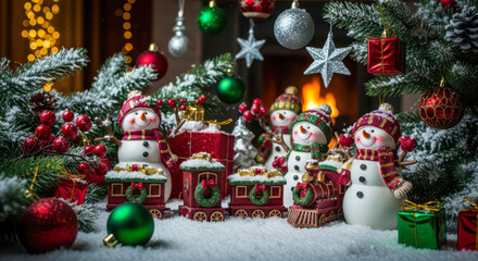Festive christmas snowman train display with fireplace and ornaments