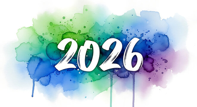 White number 2026 written in a stylized font over a vibrant watercolor splash background, isolated on white background